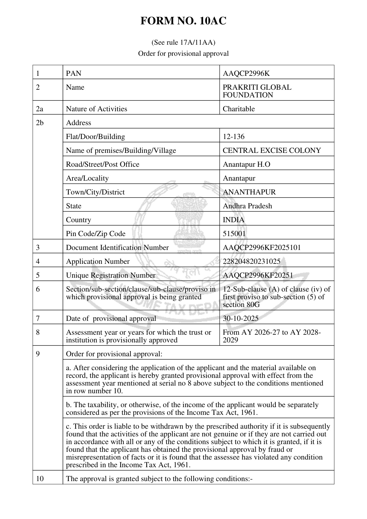 Section 80G Registration Document Certificate Preview